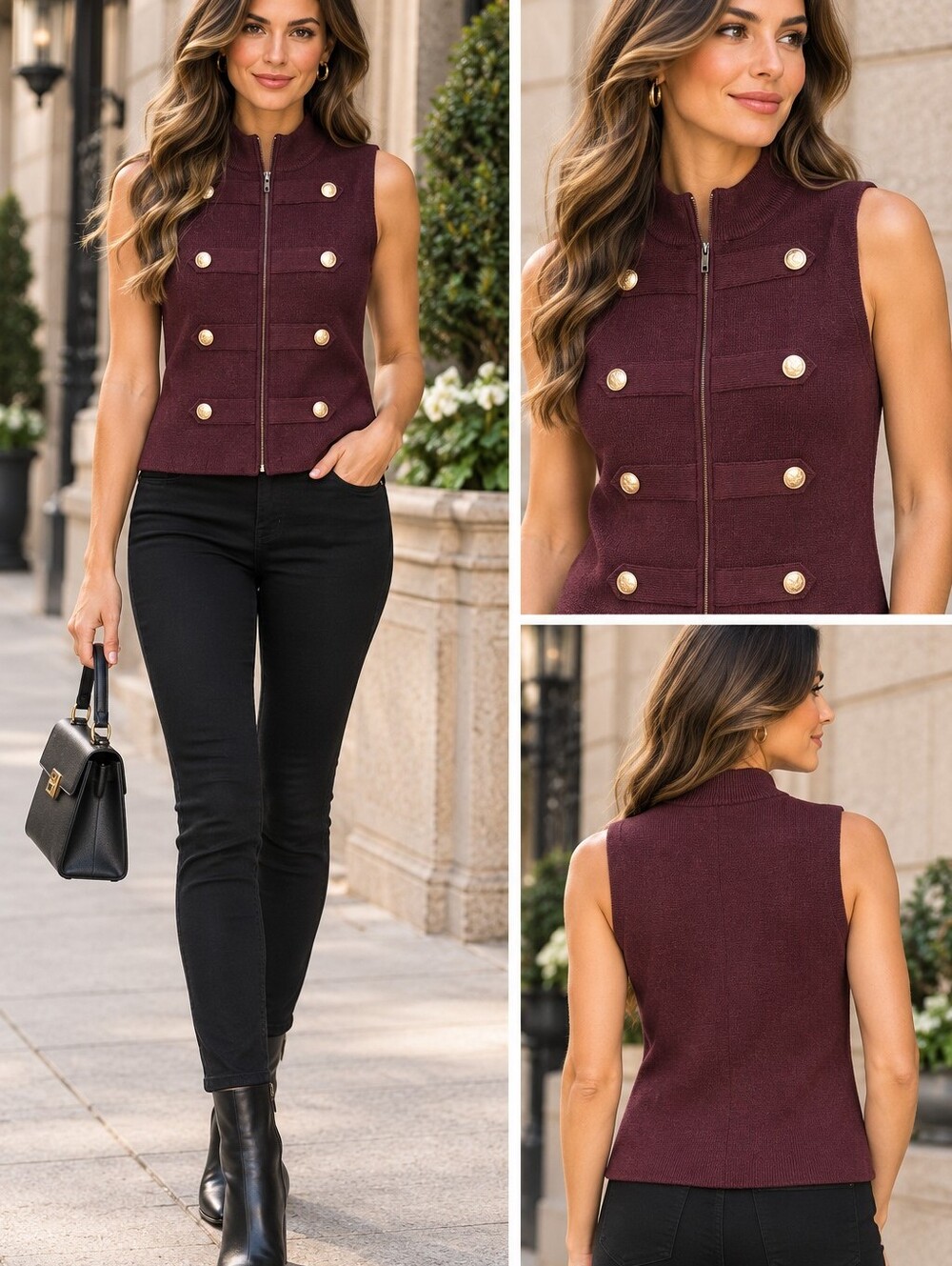 Galita Plum Sleeveless Military-Style Zip Vest with Gold Buttons